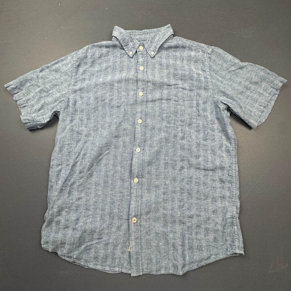Weatherproof Vintage Men's XL Blue Washable Linen Button Down Short Sleeve Shirt